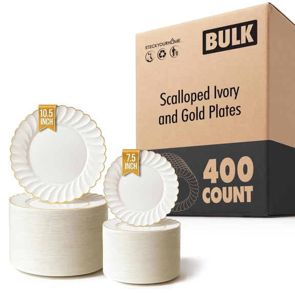 400 Pack Elegant Ivory & Gold Scalloped Plastic Plates Heavy-Duty Disposable Cream Plates with Gold Rim for Thanksgiving, Holidays, Dinners & Parties