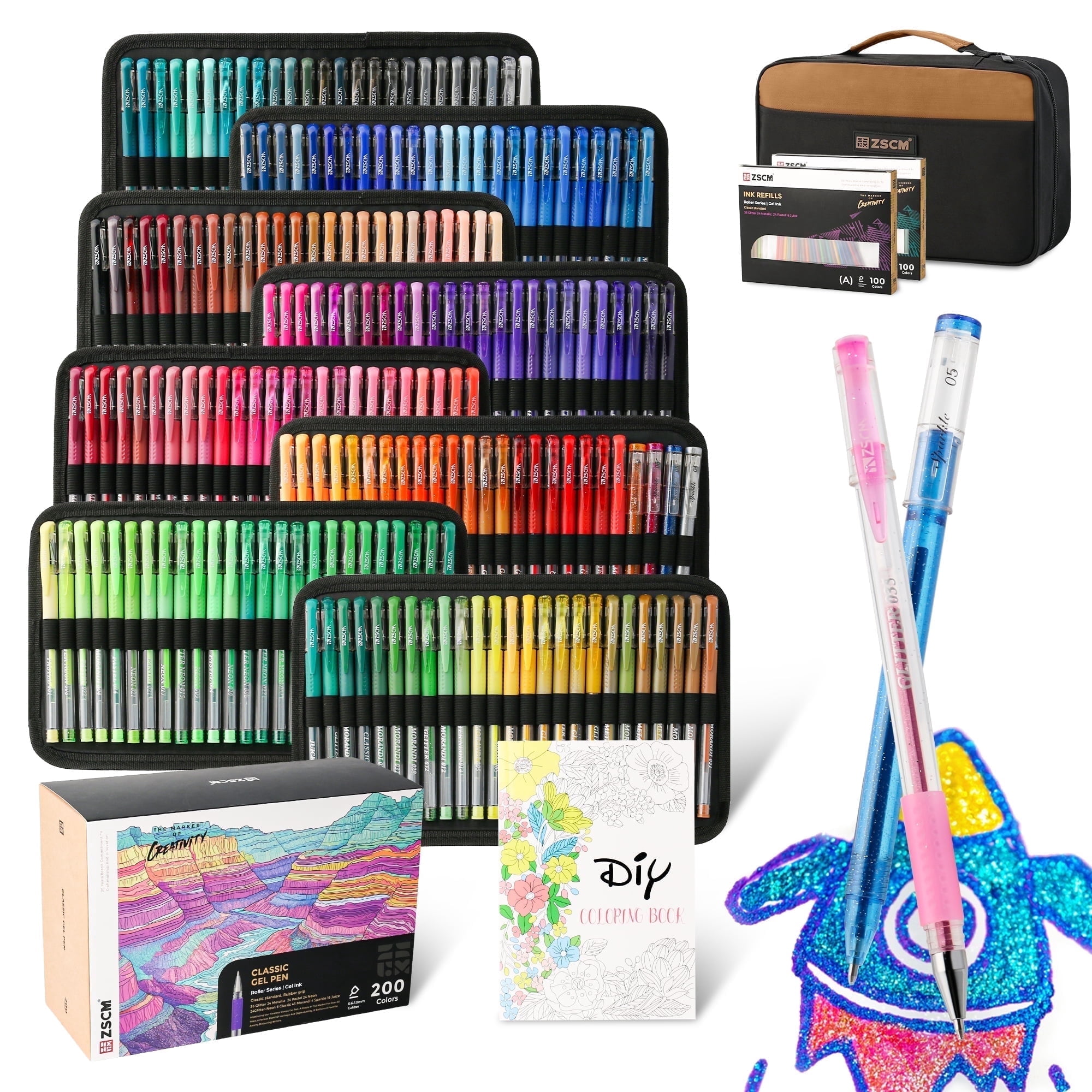 400 Pack Gel Pens for Adult Coloring Book, 200 Artist Colored Pens With 200 Refills, Fine Tip Metallic Glitter Gel Pens for Drawing Doodling Journaling Craft Art Supplies