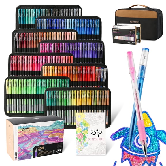 400 Pack Gel Pens for Adult Coloring Book, 200 Artist Colored Pens With 200 Refills, Fine Tip Metallic Glitter Gel Pens for Drawing Doodling Journaling Craft Art Supplies