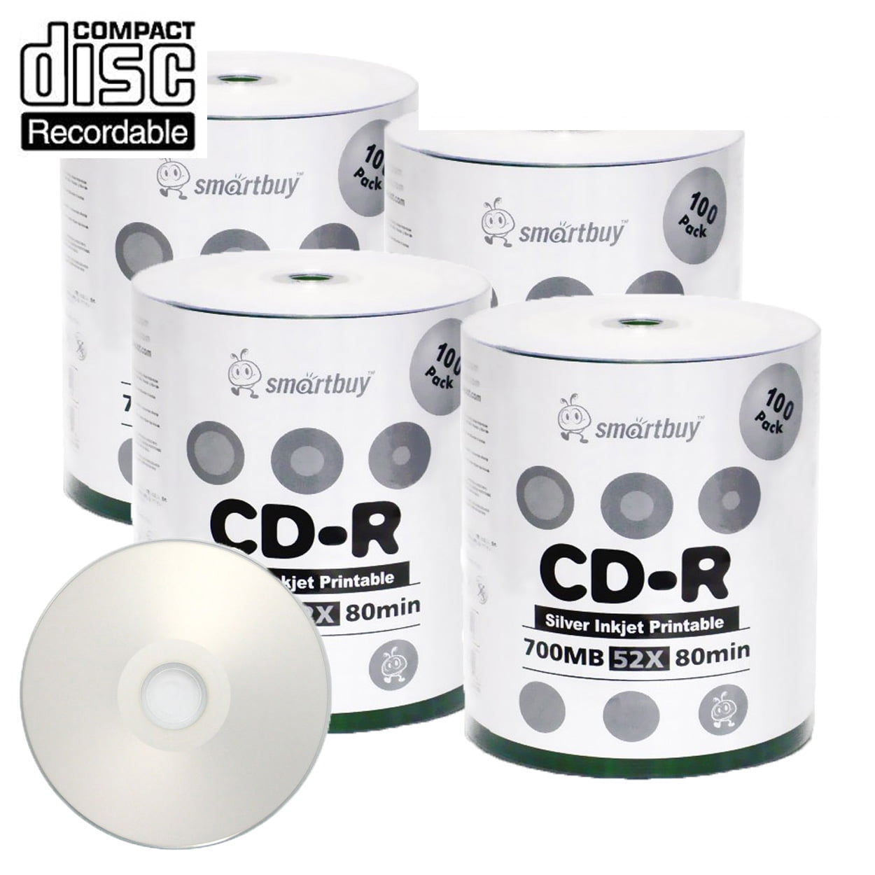 400 Pack Smartbuy 52X CD-R 700MB 80Min Silver Inkjet Hub Printable Data Blank Media Recordable Disc