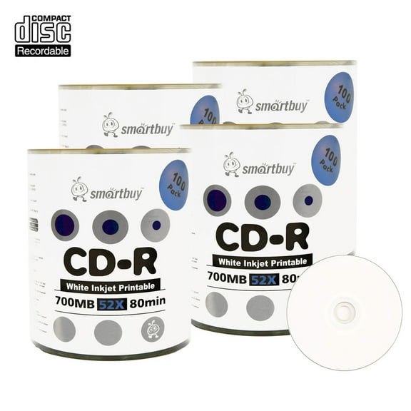 400 Pack Smartbuy 52X CD-R 700MB 80Min White Inkjet Hub Printable Data Blank Media Recordable Disc