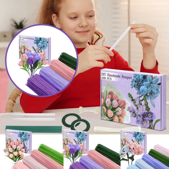 400 Pc Pipe Cleaners Craft Kit with Floral Wire, Stamens & Ribbon for DIY Flower Bouquets and Handmade Gifts