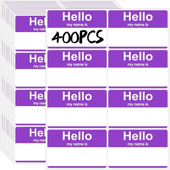 400 Pcs 3.5"×2.25" Purple "Hello My Name Is" Name Tag Stickers – Self-Adhesive Nametag Badges | Ideal for Office, Meetings, Schools, Teachers & Mailing Events