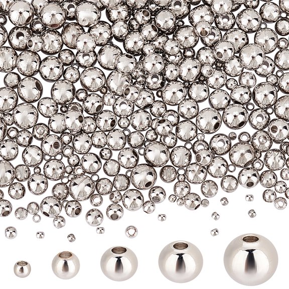 400 Pcs 5 Style Rack Plating Brass Beads Long-Lasting Plated Round Platinum 2~6mm Hole: 1~1.5mm 80pcs/style for DIY