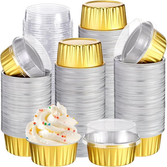400 Pcs Aluminum Foil Baking Cups with Lids 5 oz Disposable Ramekins Mini Cake Pans Creme Brulee Cupcake Liners Muffin Tins Flan Mold Dessert Containers Gold Classic
