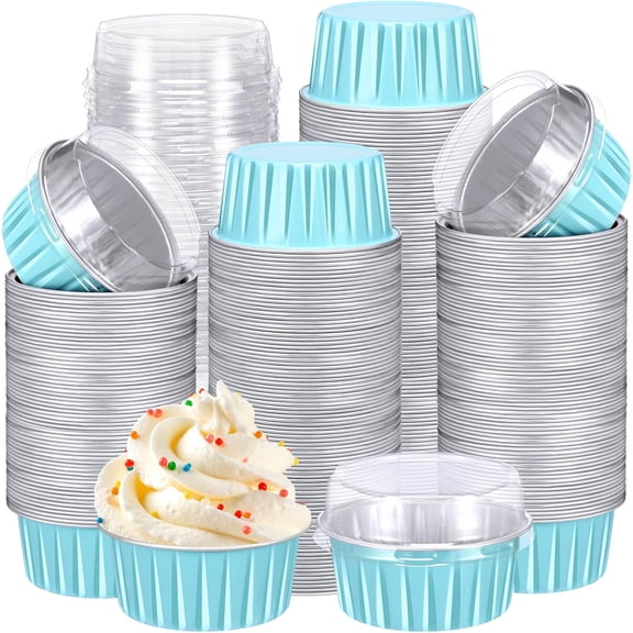 400 Pcs Aluminum Foil Baking Cups with Lids 5 oz Disposable Ramekins Mini Cake Pans Creme Brulee Cupcake Liners Muffin Tins Flan Mold Dessert Containers Blue Classic