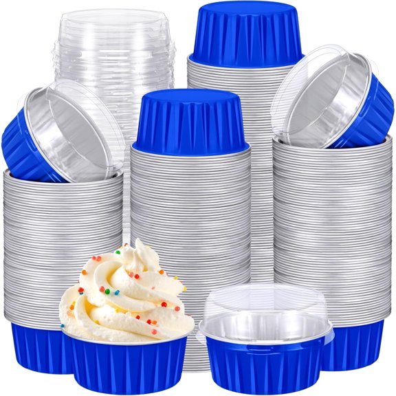 400 Pcs Aluminum Foil Baking Cups with Lids 5 oz Disposable Ramekins Mini Cake Pans Creme Brulee Cupcake Liners Muffin Tins Flan Mold Dessert Containers Dark Blue Classic
