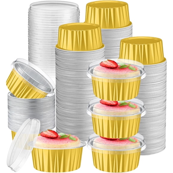 400 Pcs Aluminum Foil Baking Cups with Lids 5 oz Disposable Ramekins Mini Cake Pans Creme Brulee Cupcake Liners Muffin Tins Flan Mold Dessert Containers Gold Elegant