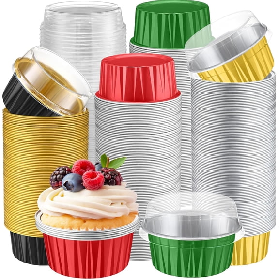 400 Pcs Aluminum Foil Baking Cups with Lids 5 oz Disposable Ramekins Mini Cake Pans Creme Brulee Cupcake Liners Muffin Tins Flan Mold Dessert Containers Multicolor Classic
