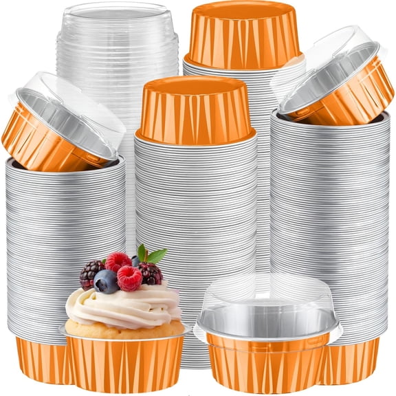 400 Pcs Aluminum Foil Baking Cups with Lids 5 oz Disposable Ramekins Mini Cake Pans Creme Brulee Cupcake Liners Muffin Tins Flan Mold Dessert Containers Orange Classic