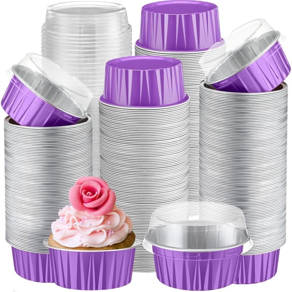 400 Pcs Aluminum Foil Baking Cups with Lids 5 oz Disposable Ramekins Mini Cake Pans Creme Brulee Cupcake Liners Muffin Tins Flan Mold Dessert Containers Purple Classic