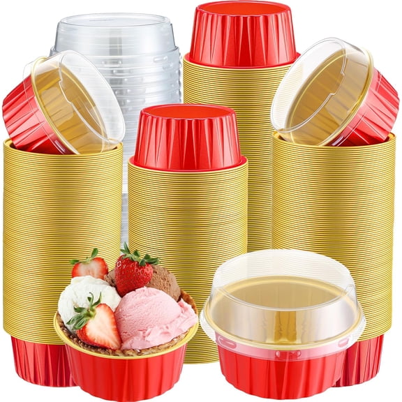 400 Pcs Aluminum Foil Baking Cups with Lids 5 oz Disposable Ramekins Mini Cake Pans Creme Brulee Cupcake Liners Muffin Tins Flan Mold Dessert Containers Red Gold Classic