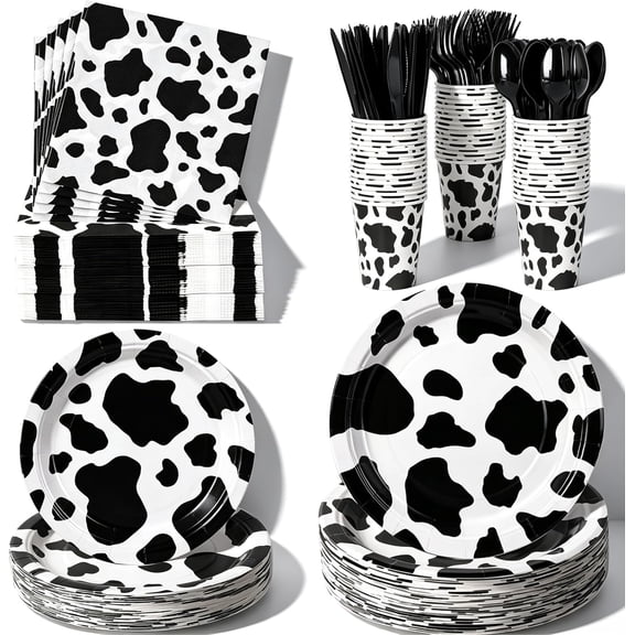 400 Pcs Black Cow Pattern Disposable Party Tableware Set for 50 Guests Includes 7" and 9" Plates Cups 2-Ply 13" Napkins and Plastic Cutlery