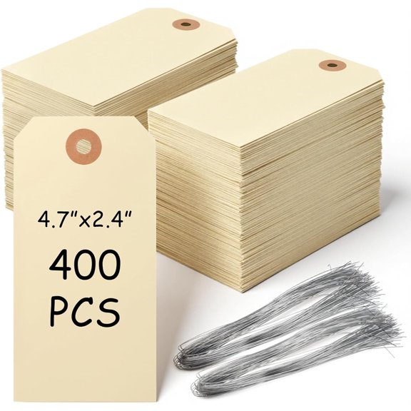 400 Pcs Blank Shipping Tags with Wire, 4.72 x 2.36 Inch Manila Label Hang Tags with Reinforced Hole Writable Paper Price Tag for Clothing, Crafts, Jewelry, Gifts