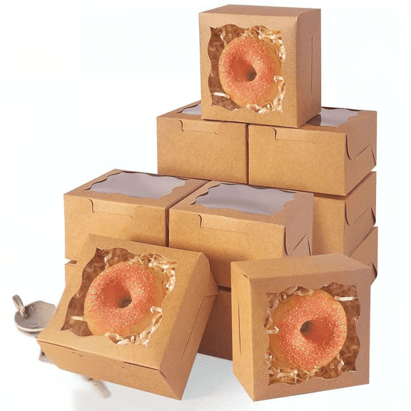 400 Pcs Brown Bakery Box with Window 4 x 4 x 2.5 Inch Macaron Donut Pastry Cookie Box