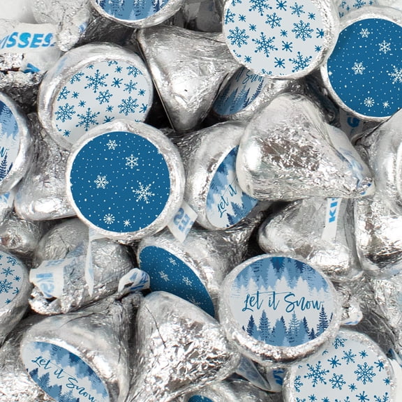 340ct Let It Snow Stickered Milk Chocolate Kisses On Silver Foil For Winter Holiday Favors (3.4lb)