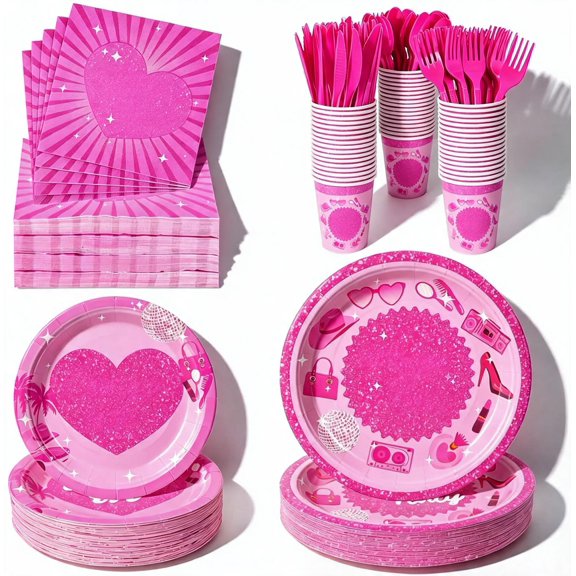 400 Pcs Disposable Party Tableware Set for 50 Guests Heavy-Duty 7 Inch and 9 Inch Paper Plates Cups 2-Ply 13 Inch Napkins Plastic Cutlery Pattern Let's Go Party