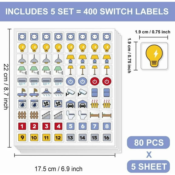 400 Pcs Light Switch Sticker Labels 22 Designs Multi-Coloured Transparent Switch ID Stickers Black Switchboard Label Decals for Home Kitchen Bathroom Office School
