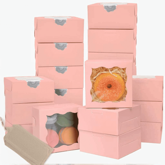 400 Pcs Pink Bakery Boxes with Window 4 x 4 x 2.5 Inches Sturdy Cookie and Macaroon Pastry Boxes