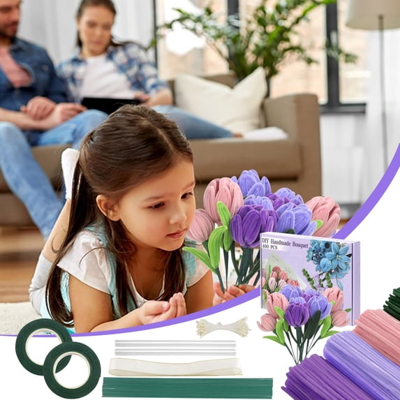 400 Pcs Pipe Cleaners Craft,4 Assorted Colors Pipe Cleaners Bulk, Chenille Stems for DIY Flower Making Kit with Floral Wires, Gardening Tape,Stamen& Ribbon