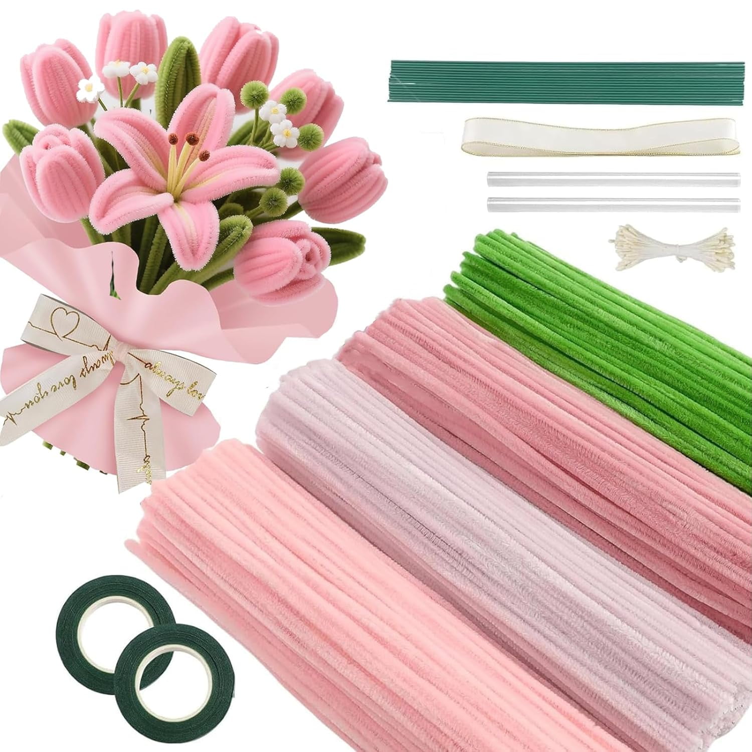 400 Pcs Pipe Cleaners Craft Set, 4 Colors Chenille Stems Bulk, DIY Flower Making Kit with Floral Wires, Floral Tape, Stamen & Ribbon for Arts, Crafts & Floral Arrangements