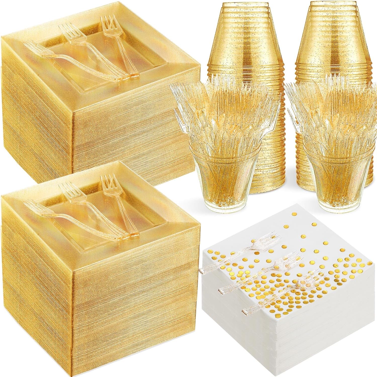 400 Pcs Plastic Square Plates Set for 100 Guests with Plastic Glitter Cups Forks Polka Dot Paper Napkins Disposable 6.5 Inch Plates Pack for Birthday Wedding Party Table (Gold)