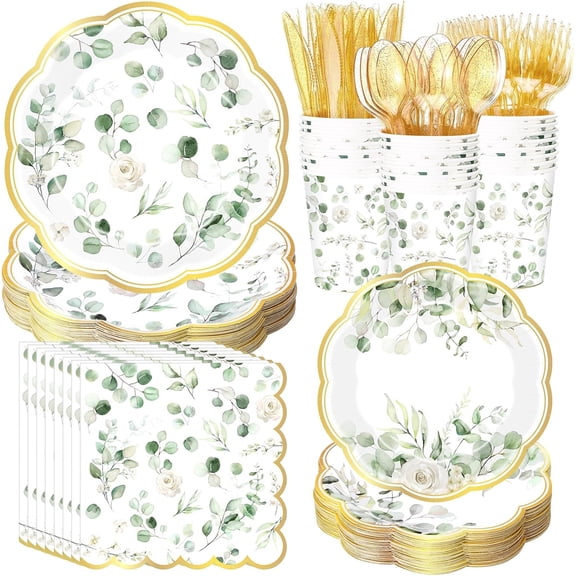 400 Pcs Sage Green Disposable Paper Plates Napkins and Cups for 50 Guests Eucalyptus Party Decorations