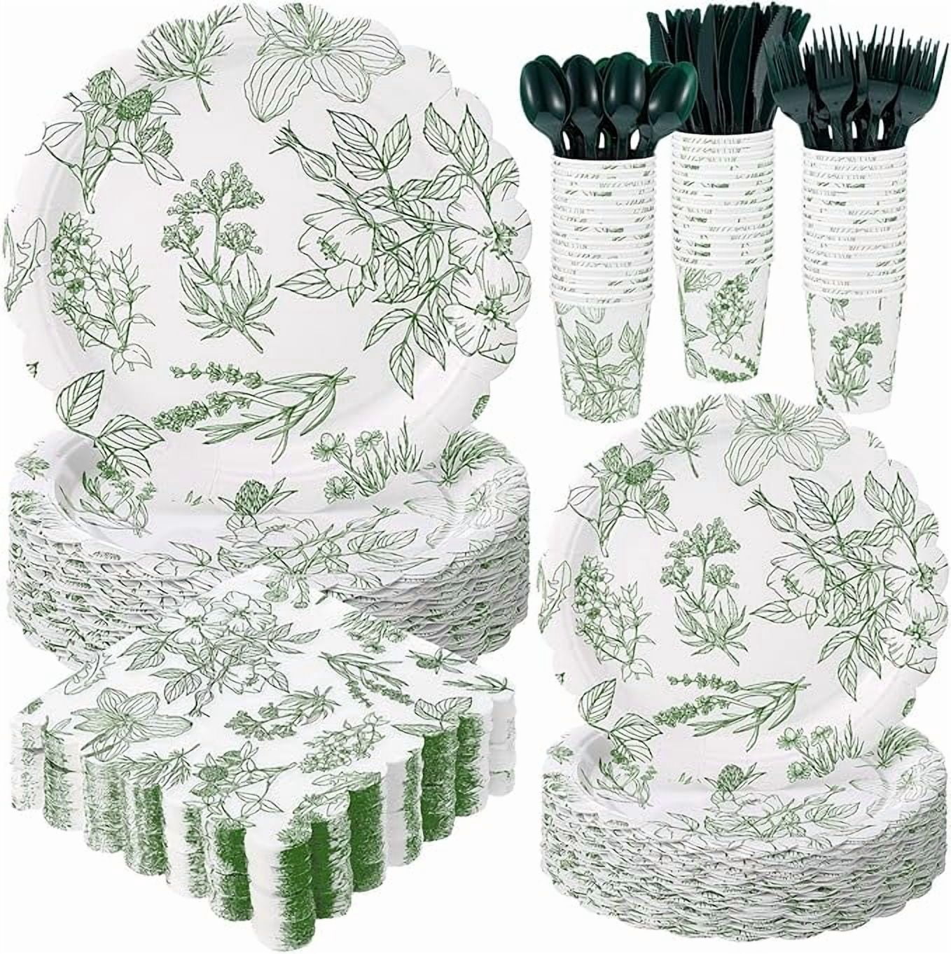 400 Pcs Sage Green Disposable Tableware Set Greenery Floral Paper ...