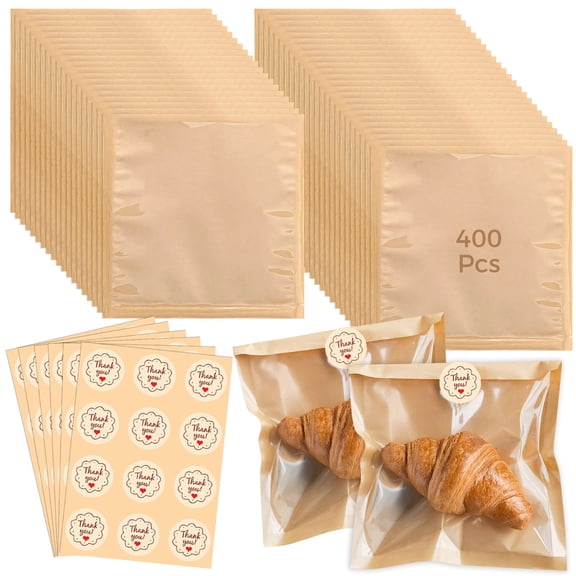 400 Pcs Sealable Bakery Cookie Bags, Toast Dessert Packing Bags with Window, Sealing Snowflake Bread Bags, Kraft Paper Bags with Seal Stickers, Ideal for Bakery Packaging