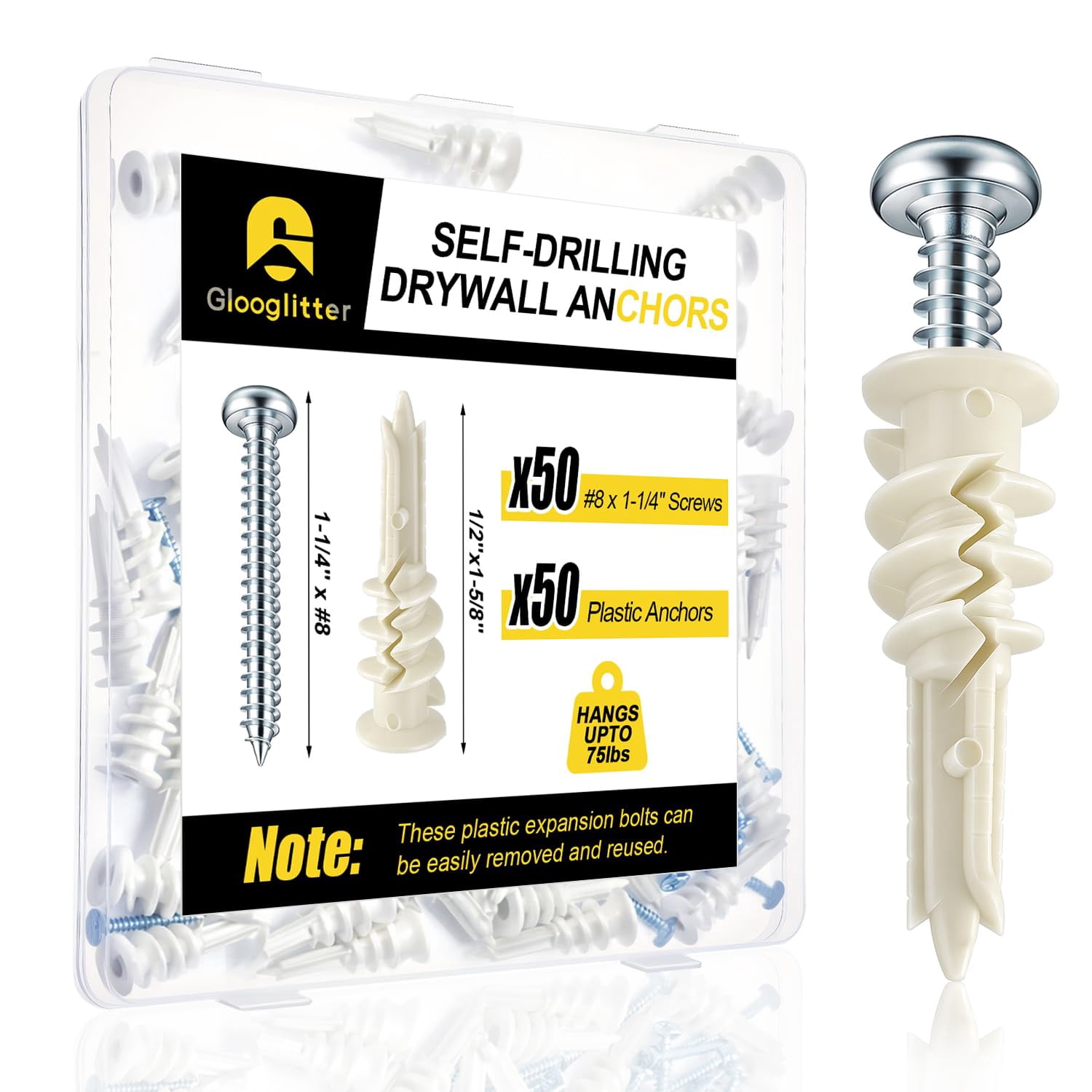 400 Pcs Self Drilling #8 Drywall Anchors Bulk and Screws Set Nylon Heavy Duty 75lb No Pre Drill Hole for Hanging Shelf Picture Decor with Storage Case(Regular Anchor Non Split)