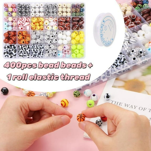 400 Pcs Sports Ball Beads Set - With 1 Roll Elastic Thread, Acrylic & Plastic, For Diy Jewelry Making, Includes Baseball, Basketball, Football, Volleyball, Craft Supplies For Bracelets, Necklaces,