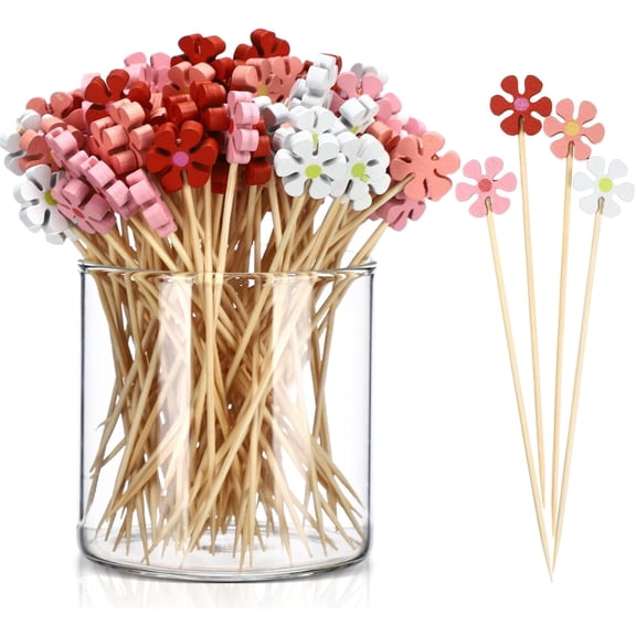 400 Pcs Spring Summer Daisy Cocktail Picks Flower Bamboo Toothpicks Bulk Daisies Long Cocktail Skewers for Spring Summer Appetizers Drinks Decoration Food Fruit Sticks Party Supplies(Classic Daisy)