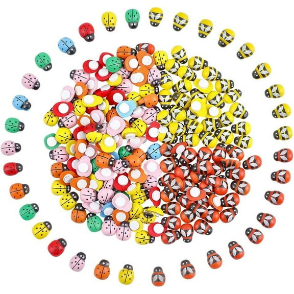400 Pcs Wooden Ladybug Sticker 3 Styles Wooden Bee Embellishments Mini Ladybirds Flatback Self Adhesive Embellishment