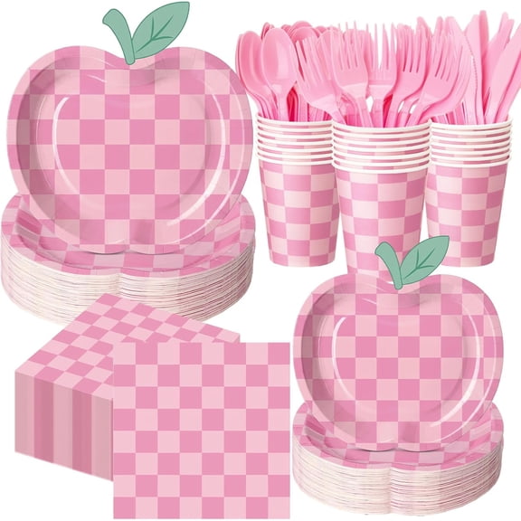 400-Piece Apple-Themed Disposable Tableware Set with Pink Gingham Napkins for 50 Guests