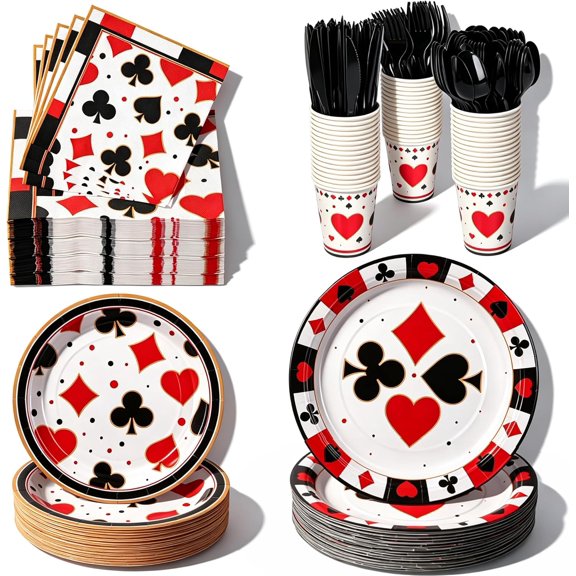 400-Piece Disposable Casino-Themed Tableware Set for 50 Guests with 7 Inch and 9 Inch Heavy-Duty Paper Plates Cups 2-Ply 13 Inch Napkins and Plastic Cutlery