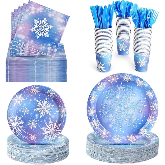 400-Piece Disposable Frozen-Themed Tableware Set for 50 Guests: 7" and 9" Heavy-Duty Paper Plates, Cups, 2-Ply 13" Napkins, Plastic Cutlery