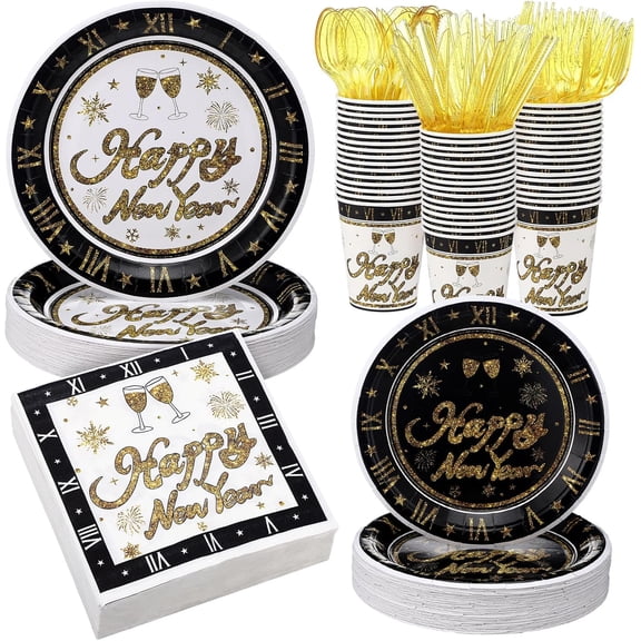 400-Piece New Year Disposable Tableware Set  Black and Gold Clock Design Plates, Cups, Napkins, and Plastic Cutlery