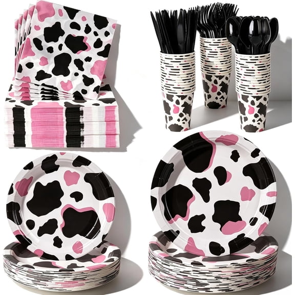 400-Piece Pink Cow Print Disposable Tableware Set with 7" and 9" Heavy-Duty Paper Plates, Cups, 2-Ply 13" Napkins, and Plastic Cutlery