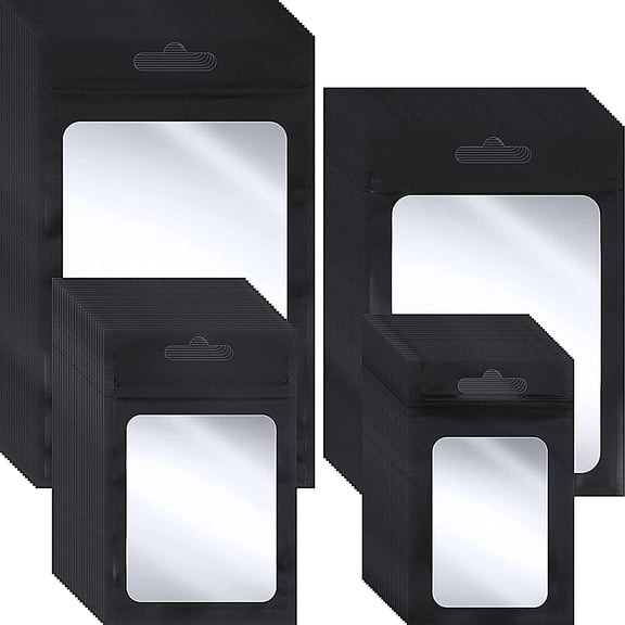 400 Piece Plastic Bags 4 Sizes Resealable Foil Pouch with Window Long Hole Sealable Zip Small Black Treat Bags for Food Storage Small Business Cookies Jewelry