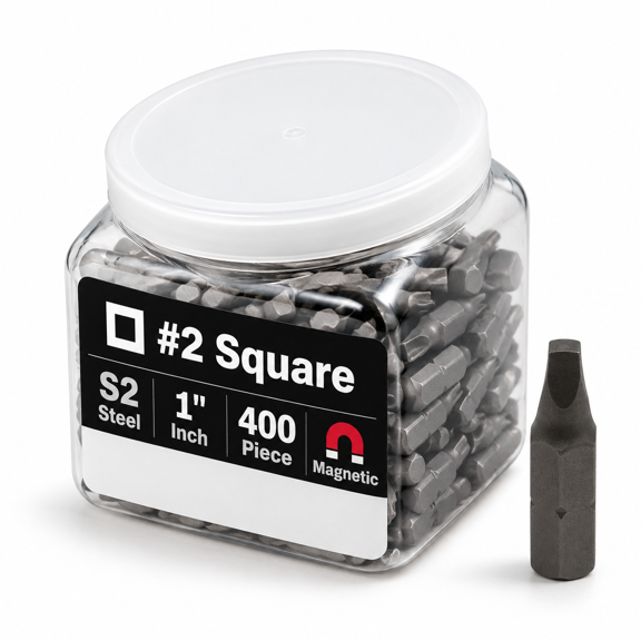 400 Piece SQ2 #2 Square Robertson 1 Inch S2 Tool Steel Drill Bit Set with Storage Jar