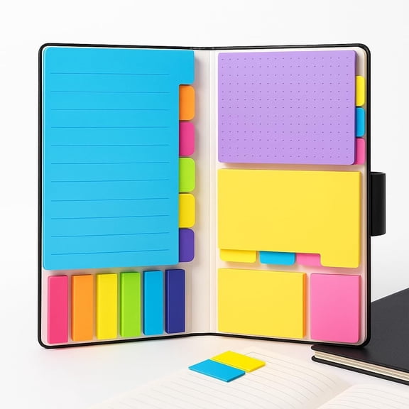 400 Piece Sticky Notes Organiser Set with Foldable PU Cover, Colour Coded Index Tabs and Writing Pads for Study, Office, Journals, Planning, Filing, Revision and Daily Task Management