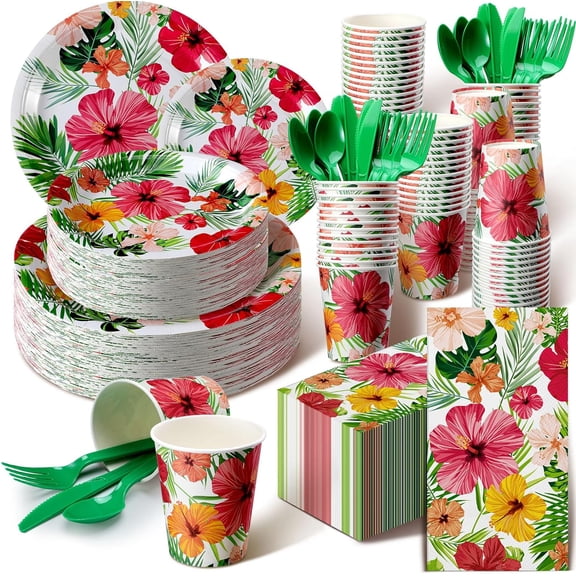 400-Piece Summer Disposable Dinnerware Set with Plates Cups Utensils and Napkins Mixed Color Hibiscus Style