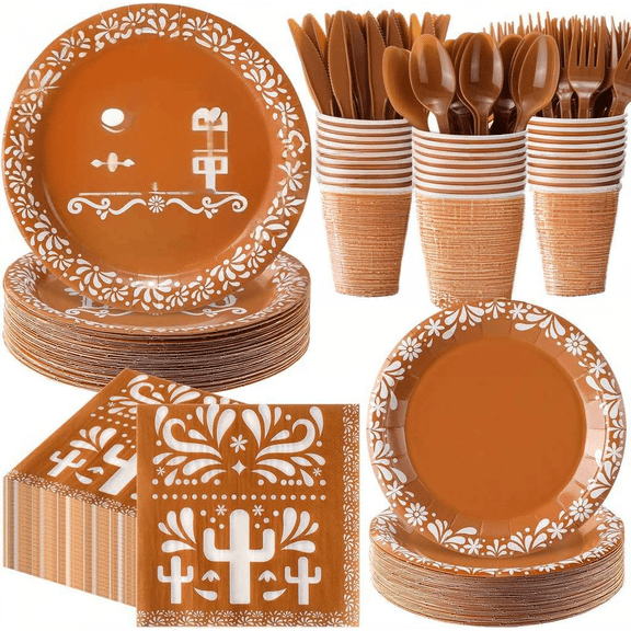 400-Piece Terracotta Mexican-Style Disposable Tableware Set for 50 Guests Including Plates Cups Cutlery and Napkins
