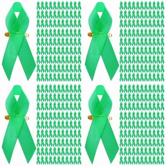 400 Pieces Awareness Ribbon Satin Ribbon Lapel Pins Fabric Ribbons with Pins for Women Men (Green)