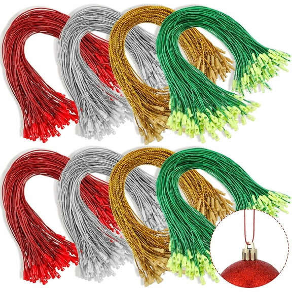 400 Pieces Christmas Ornament Precut String, Ornament Precut Cord Hangers with Snap Fastener Polyester Precut Hanging Ropes for Christmas Tree Holiday Party (Gold, Silver, Red, Green)