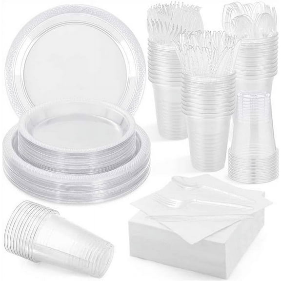 400 Pieces Clear Party Supplies Disposable Dinnerware Set Include Plastic Plates Cups Knives Forks Spoons Paper Napkins for Birthday Wedding Graduation Parties, Serve 50 Guests