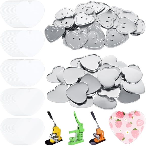 400 Pieces Heart Button Maker Supplies 57mm/2.24 inch Metal Button Parts for Button Maker Machine, Button Making Kit Includes Metal Cover, Button Back Cover, Clear Film & Blank Paper