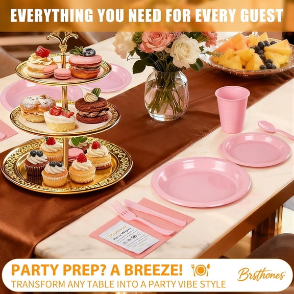 400 Pieces Pink Plastic Plates Set with 50 Party Wipes