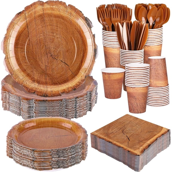 400 Pieces Wood Grain Slice Disposable Party Tableware Sets Rustic Wood Party Supplies Including Plates Cups Napkins Cutlery Serves 50 for Camping Birthday Forest Themed Party Decorations