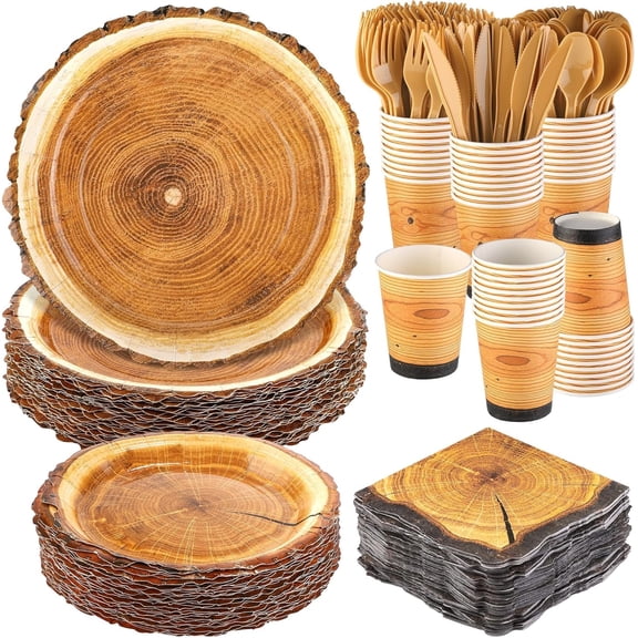 400 Pieces Wood Slice Sets, Rustic Wood Party Supplies with Plates Cups Napkins Cutlery Serves 50 for Birthday Hunting Forest Themed Party Decorations